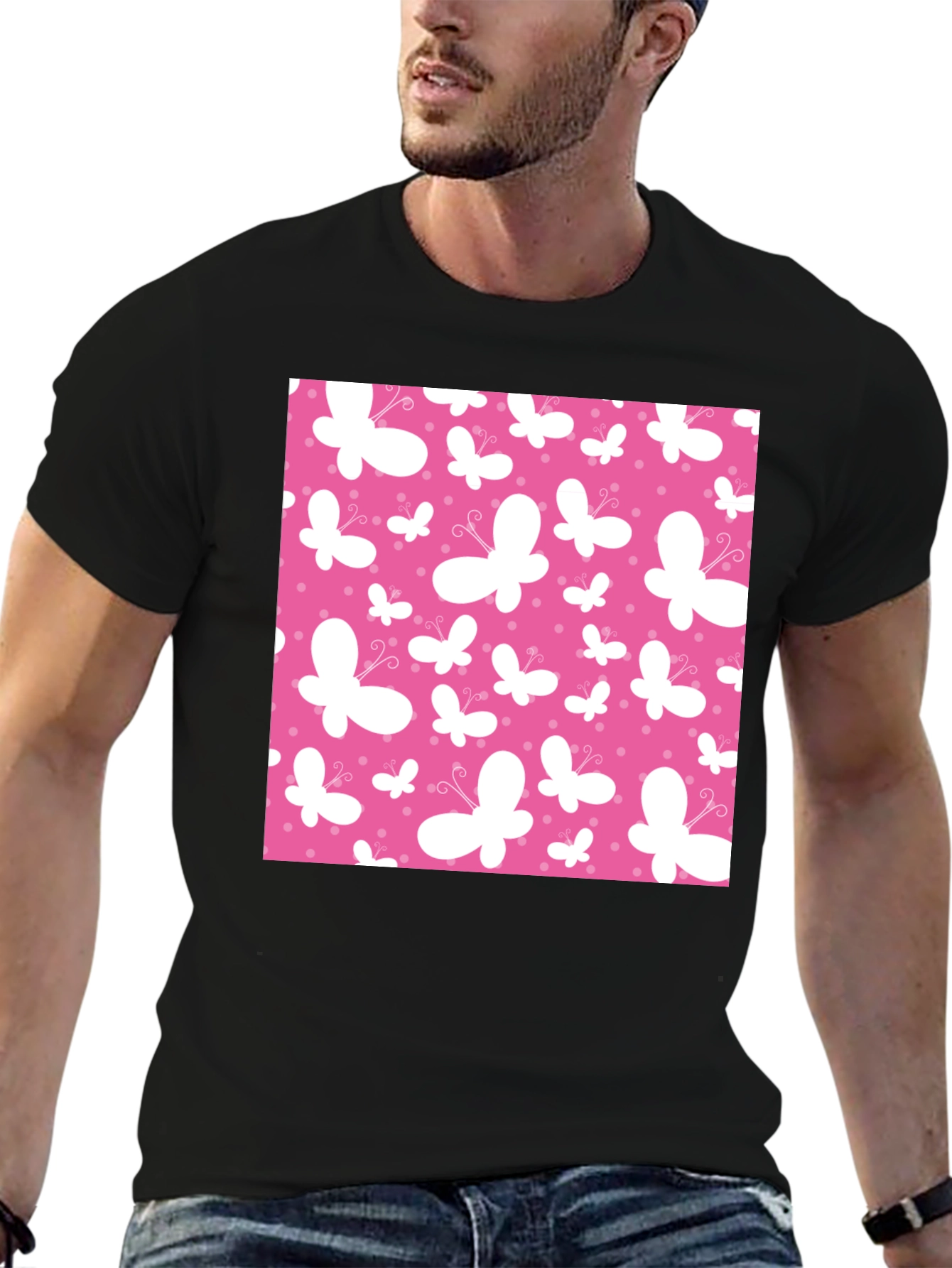 Pink Butterfly Pattern Black T-Shirt