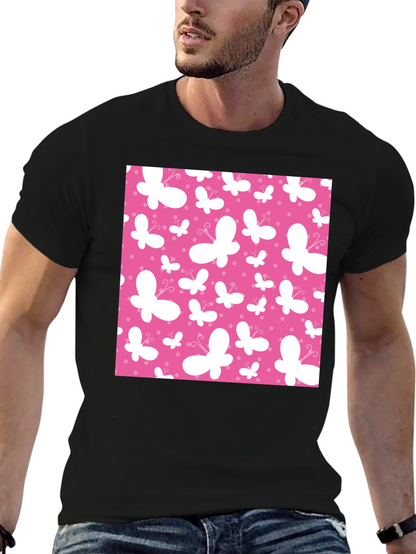 Pink Butterfly Pattern Black T-Shirt