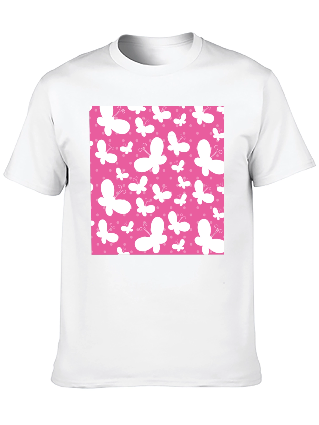 Pink Butterfly Pattern Black T-Shirt