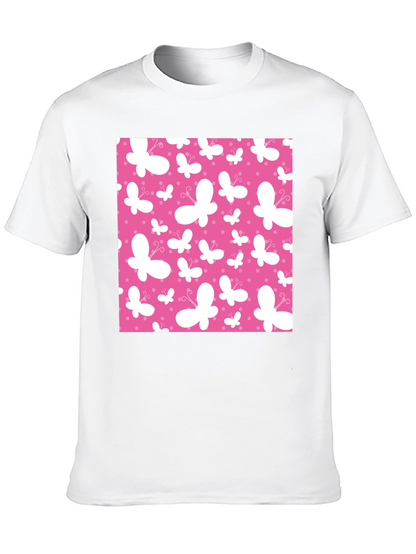 Pink Butterfly Pattern Black T-Shirt