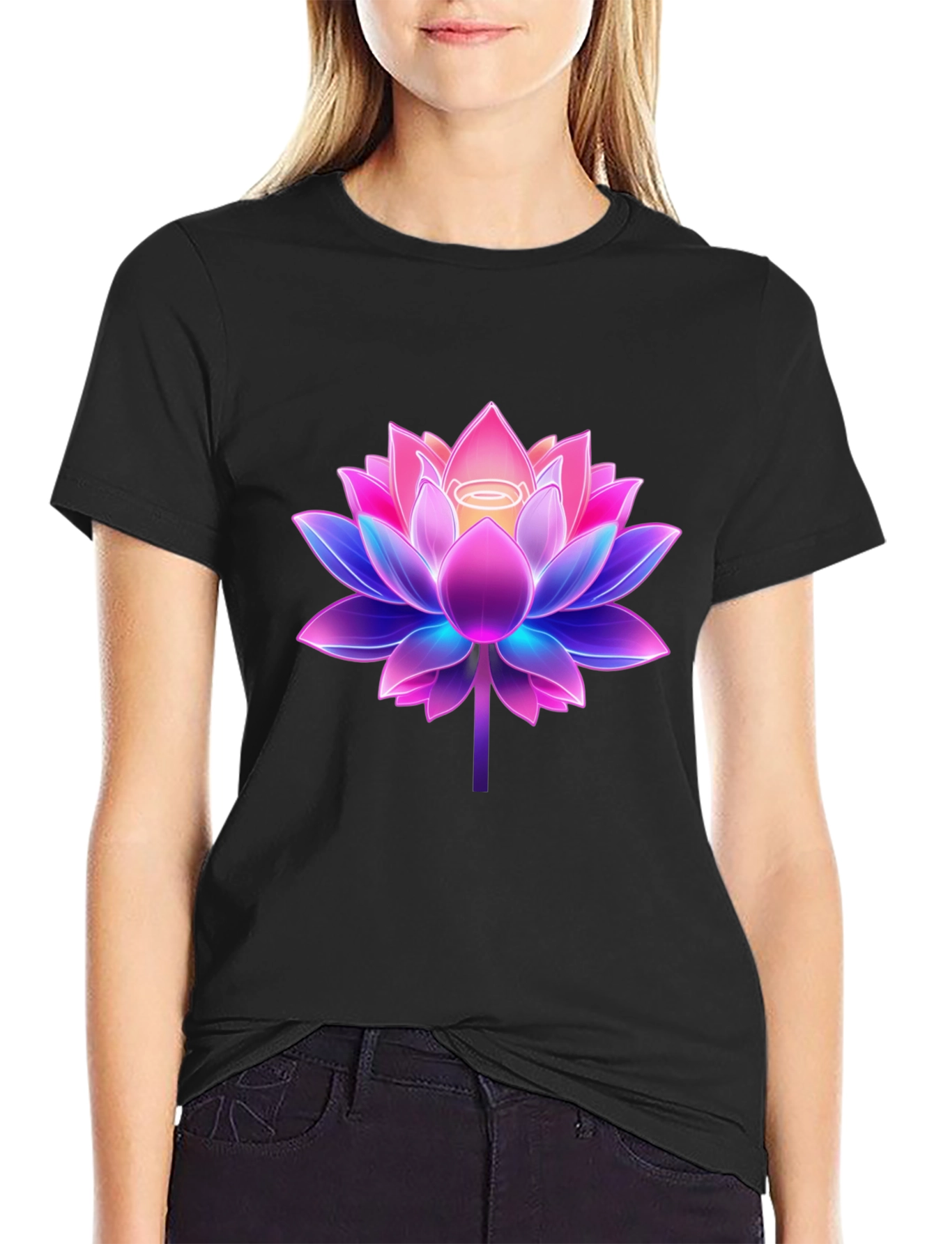 Lotus Flower Graphic Tee - Black Cotton Blend Shirt