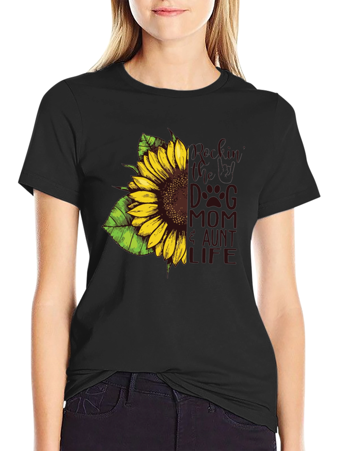 Sunflower Dog Mom Aunt Life Tee - Black