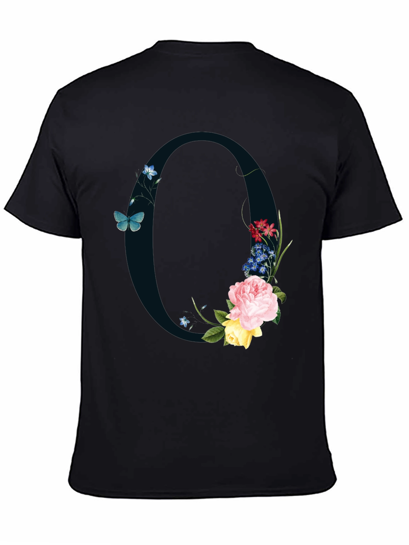 Floral Letter O Black T-Shirt