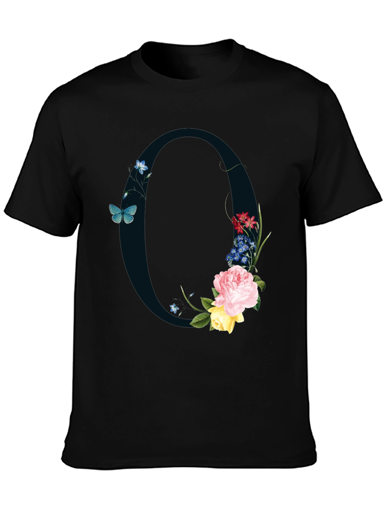 Floral Letter O Black T-Shirt