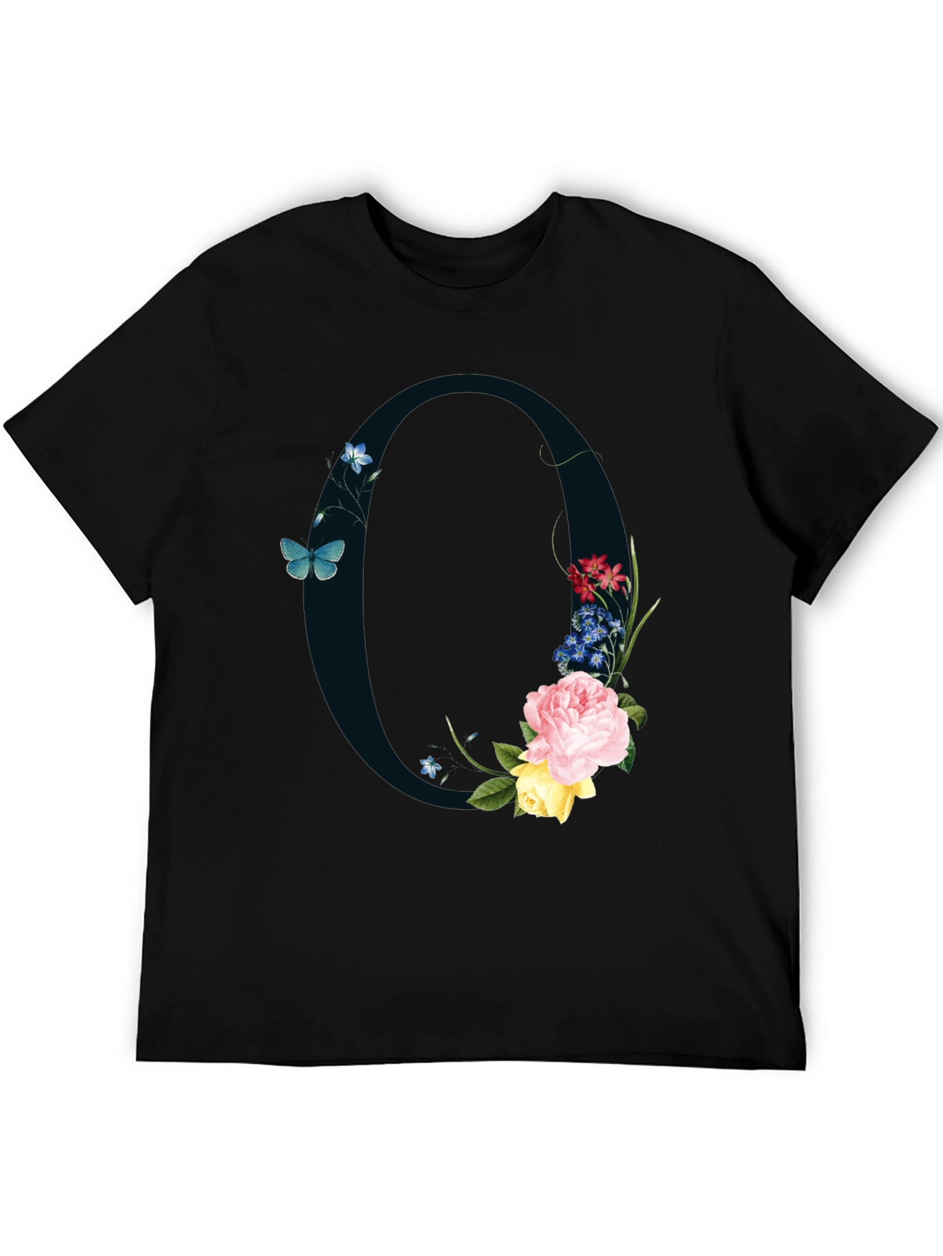 Floral Letter O Black T-Shirt