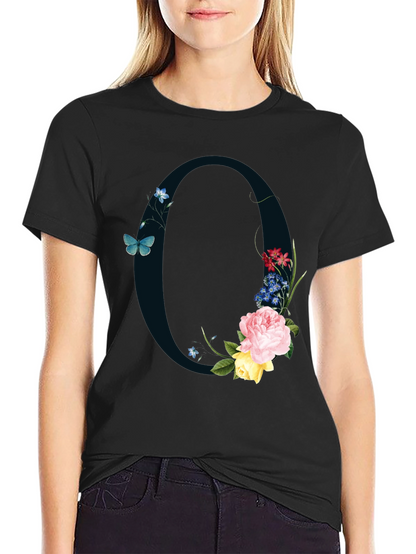 Floral Letter O Black T-Shirt
