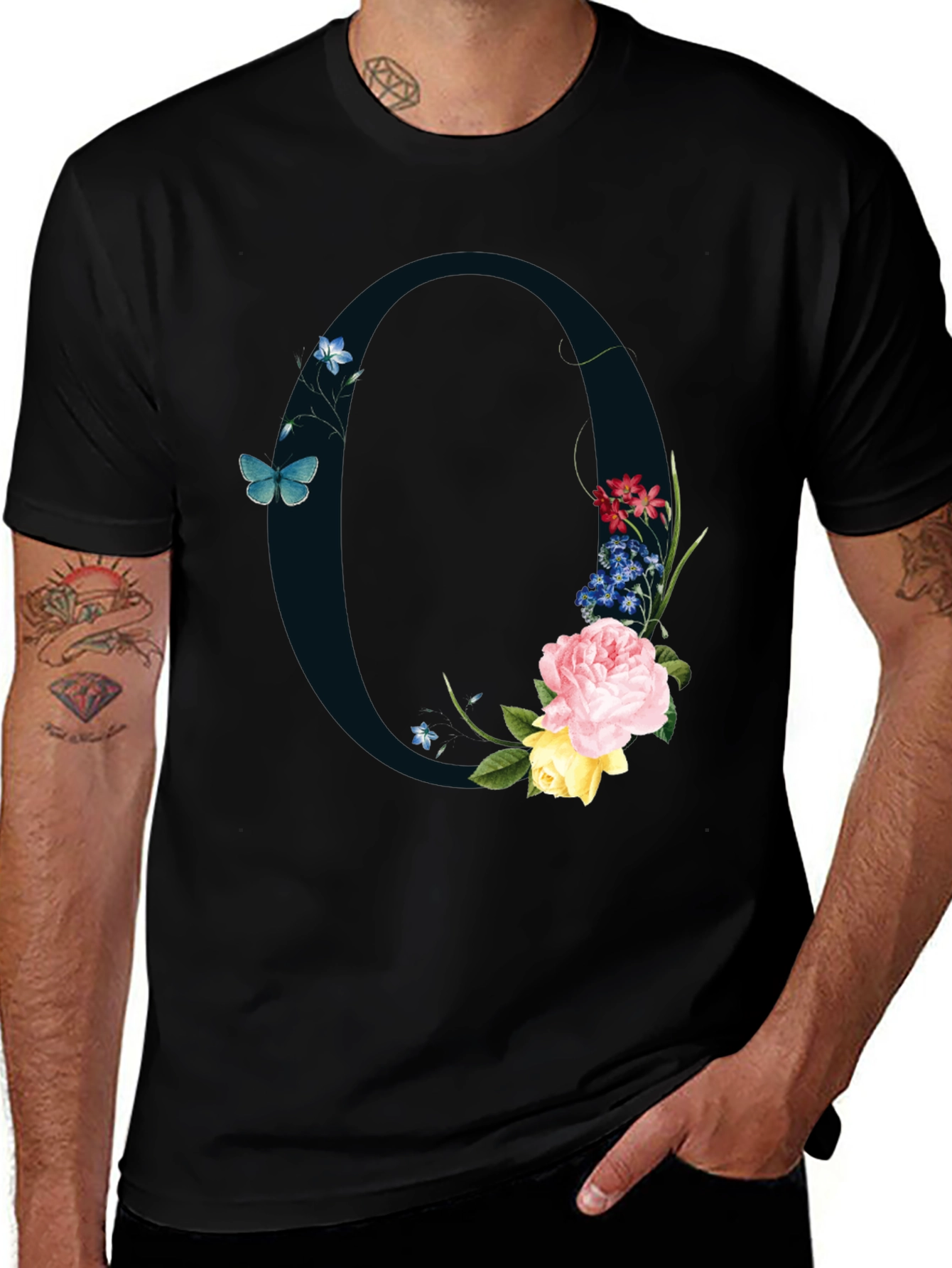 Floral Letter O Black T-Shirt