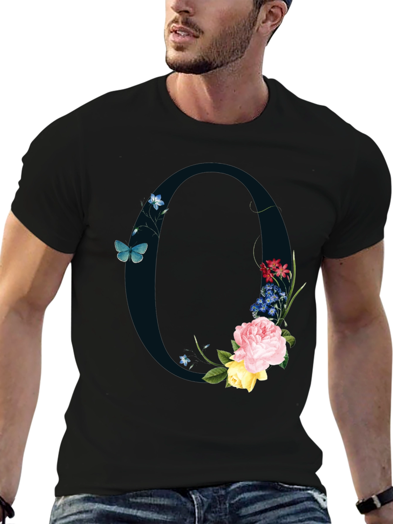 Floral Letter O Black T-Shirt