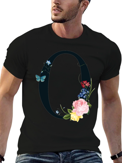Floral Letter O Black T-Shirt