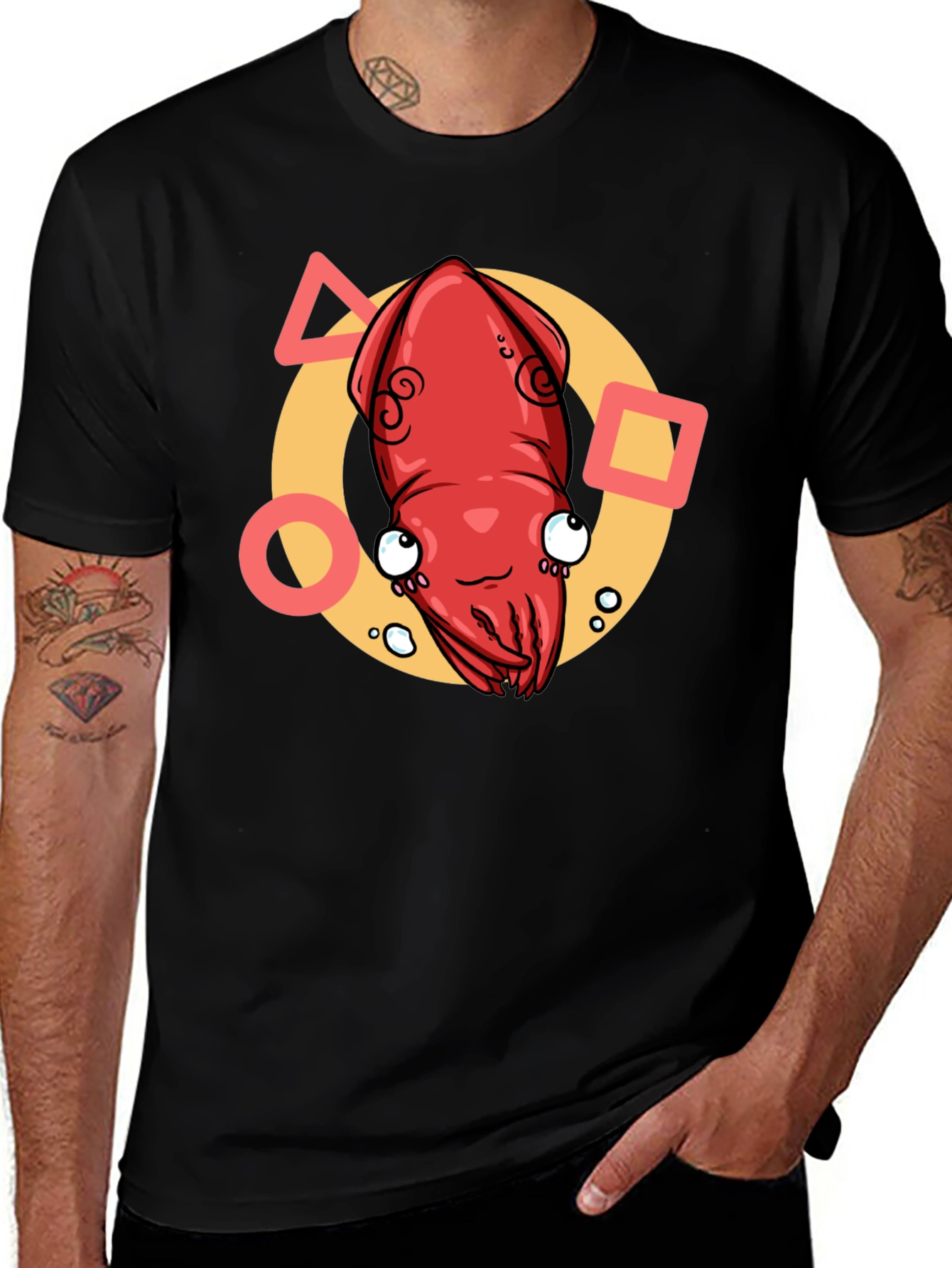 Cartoon Squid Graphic Tee - Black Crew Neck T-Shirt