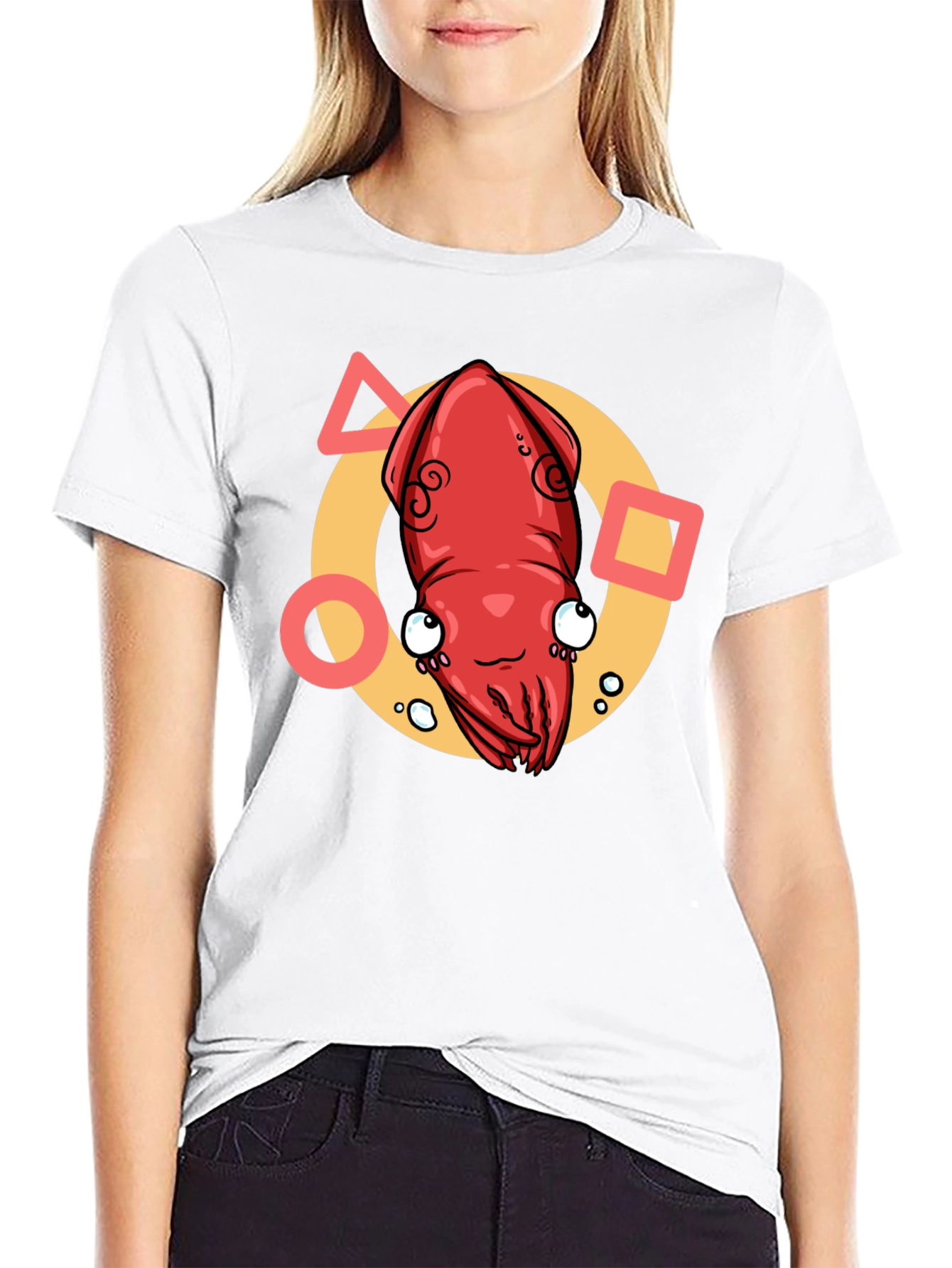 Cartoon Squid Graphic Tee - Black Crew Neck T-Shirt