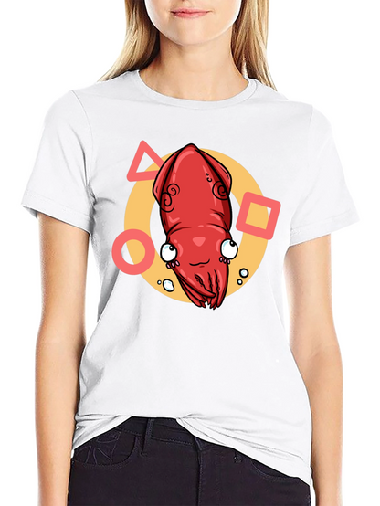 Cartoon Squid Graphic Tee - Black Crew Neck T-Shirt