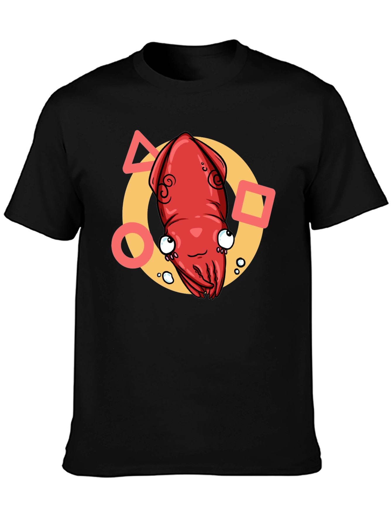 Cartoon Squid Graphic Tee - Black Crew Neck T-Shirt