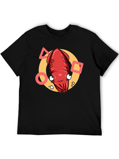 Cartoon Squid Graphic Tee - Black Crew Neck T-Shirt
