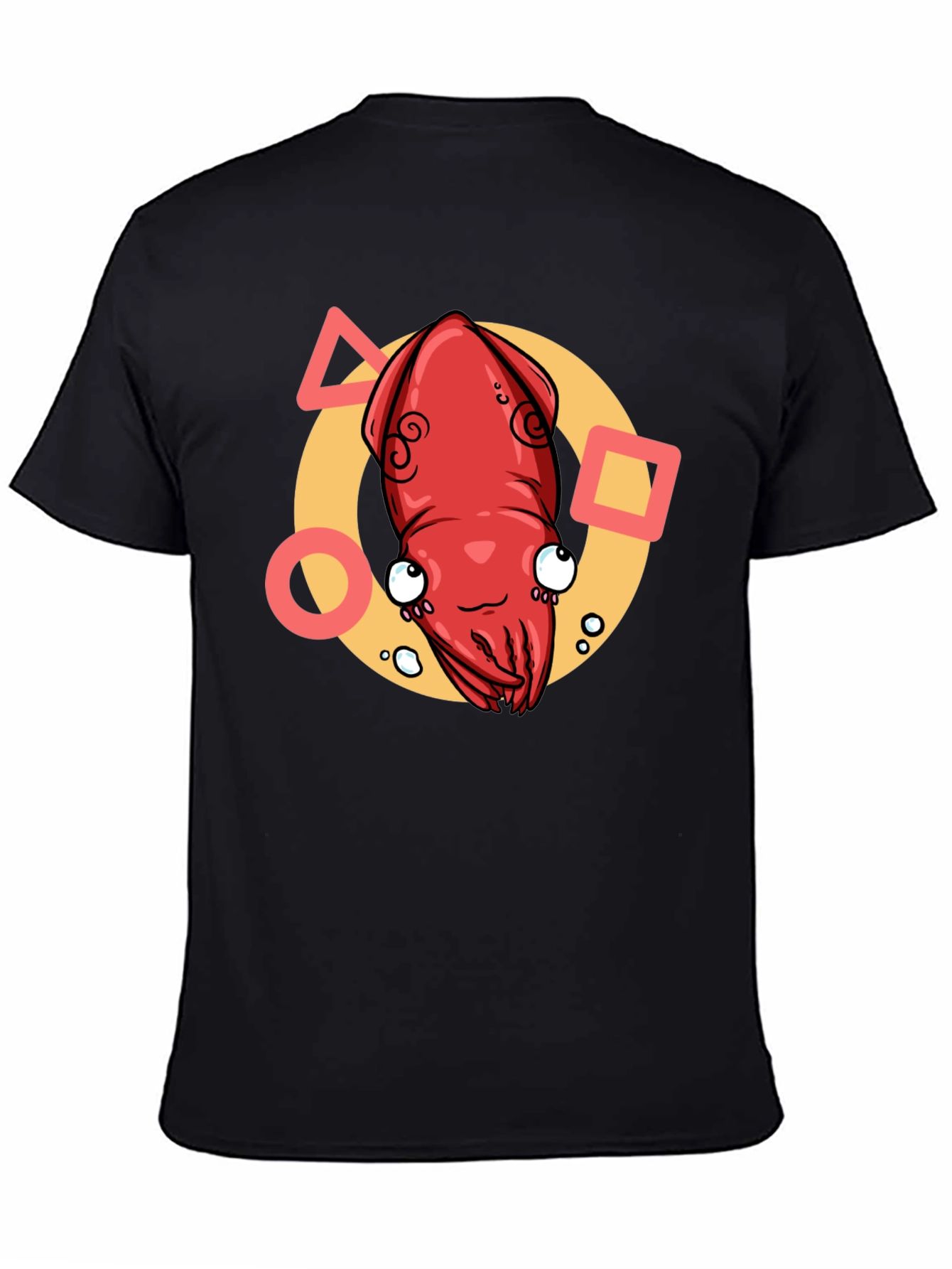 Cartoon Squid Graphic Tee - Black Crew Neck T-Shirt
