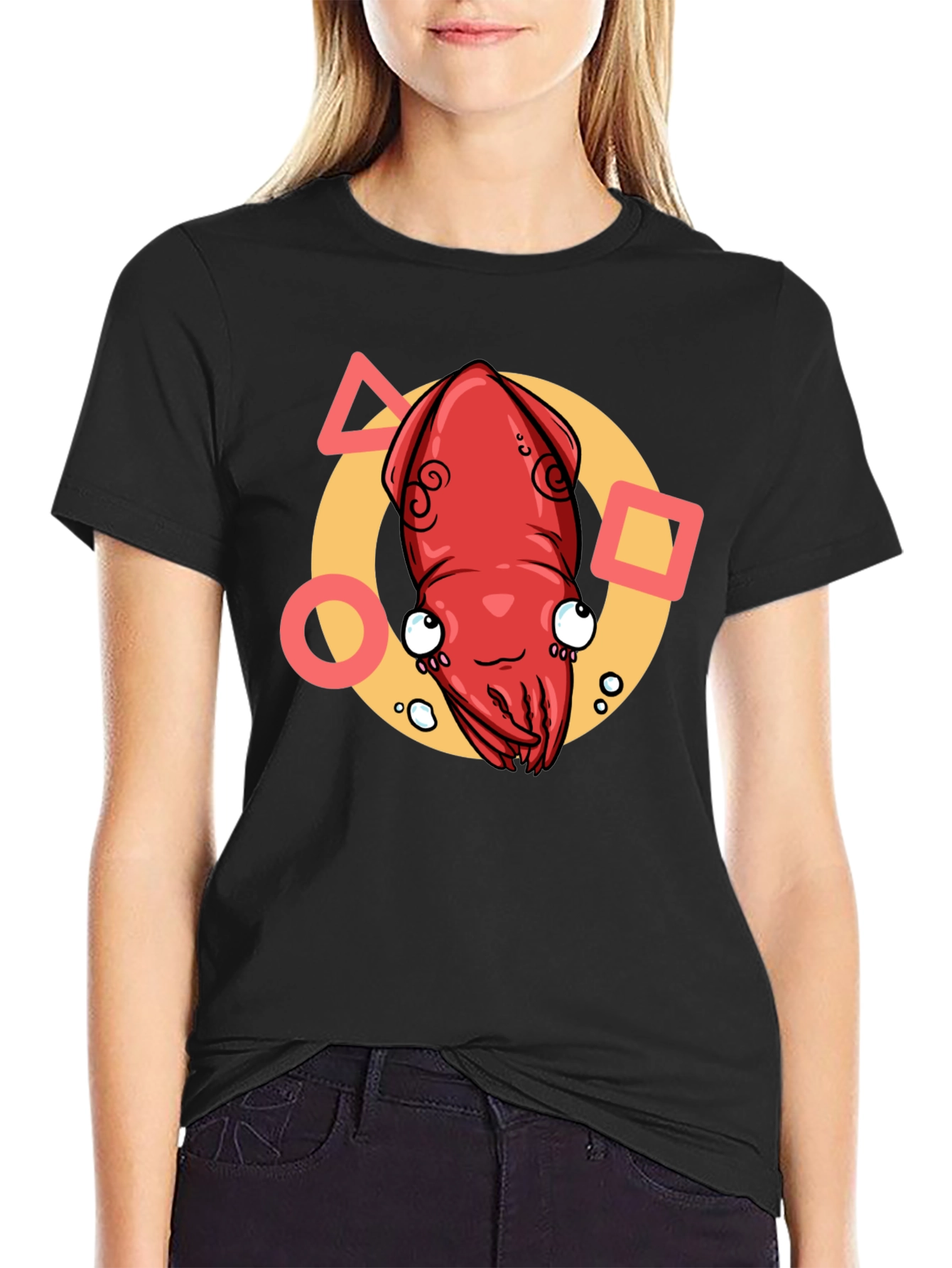 Cartoon Squid Graphic Tee - Black Crew Neck T-Shirt