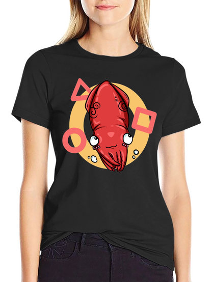 Cartoon Squid Graphic Tee - Black Crew Neck T-Shirt