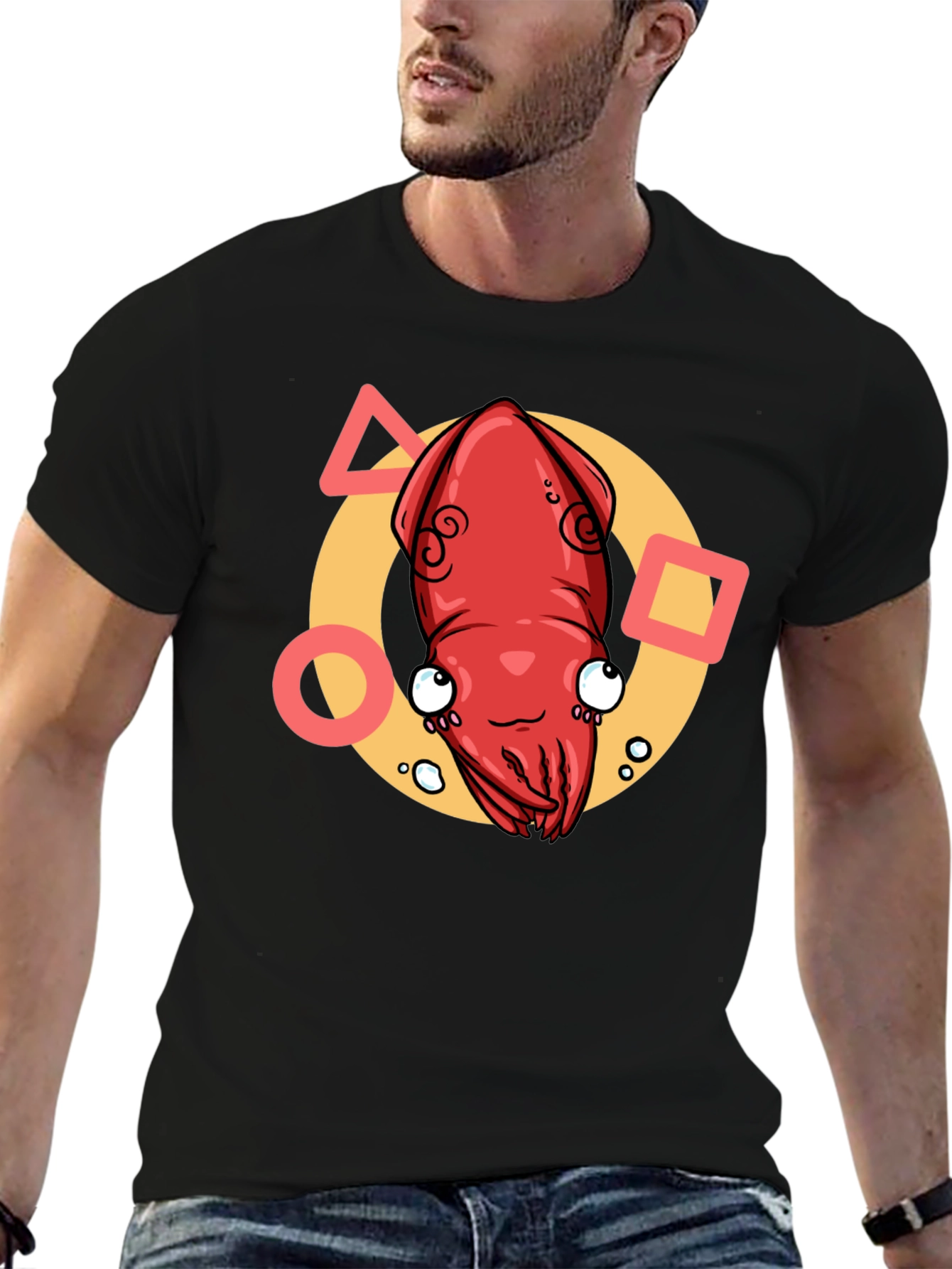 Cartoon Squid Graphic Tee - Black Crew Neck T-Shirt