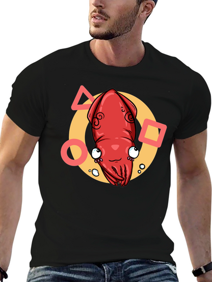 Cartoon Squid Graphic Tee - Black Crew Neck T-Shirt
