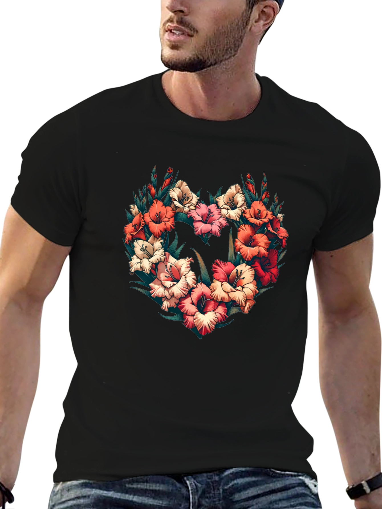 Floral Heart Graphic Black T-Shirt