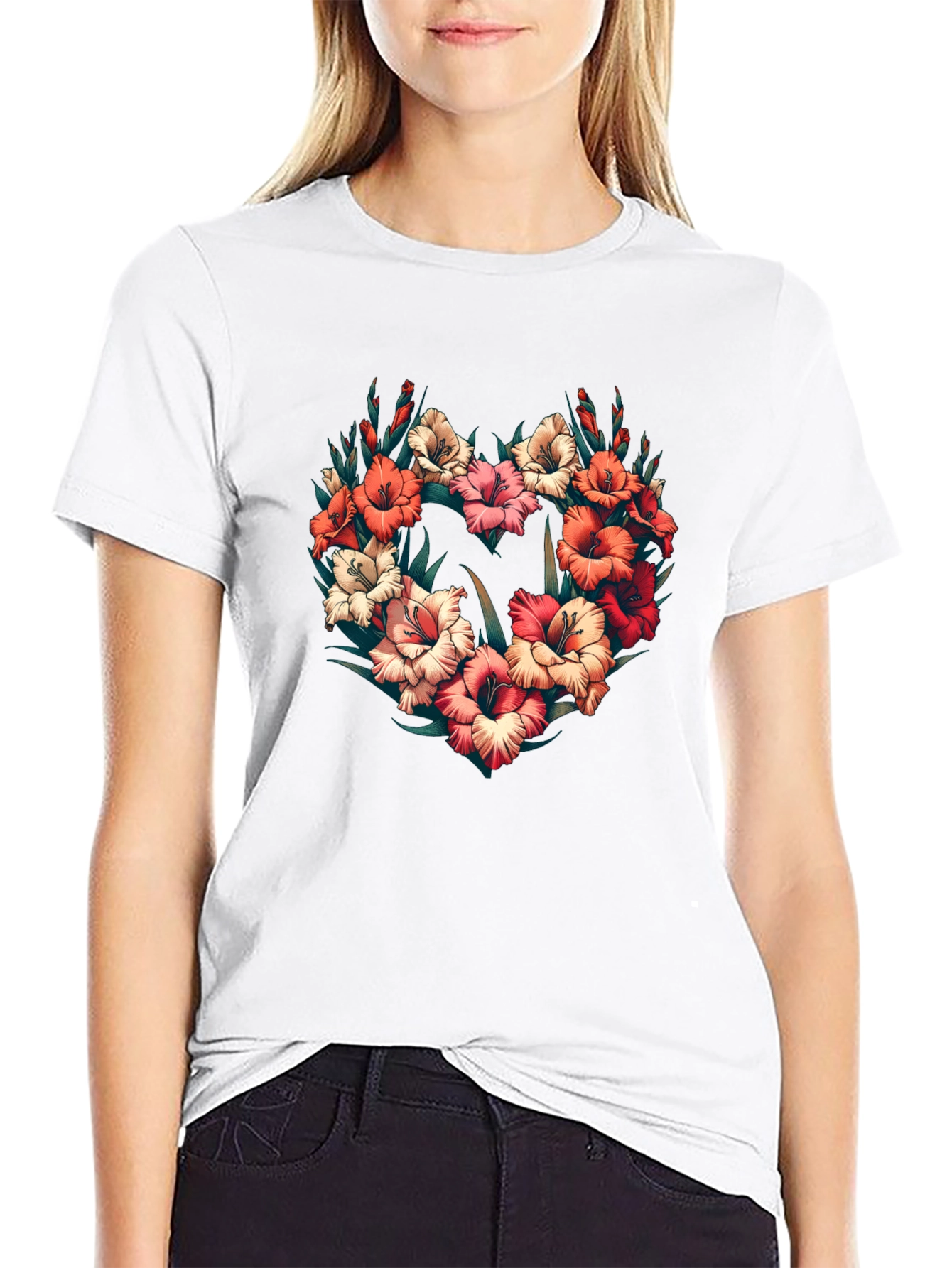 Floral Heart Graphic Black T-Shirt