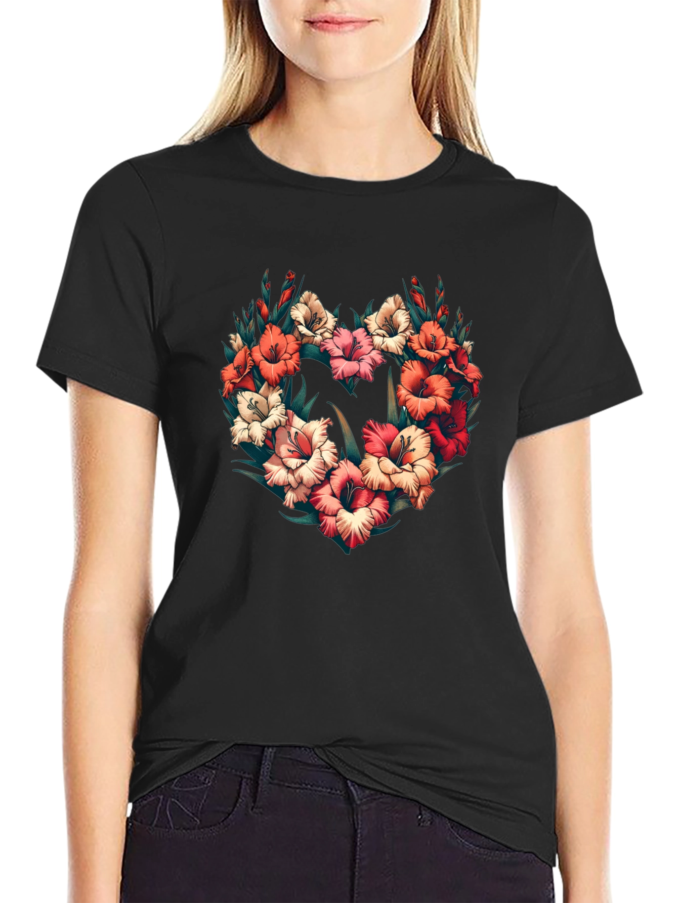 Floral Heart Graphic Black T-Shirt