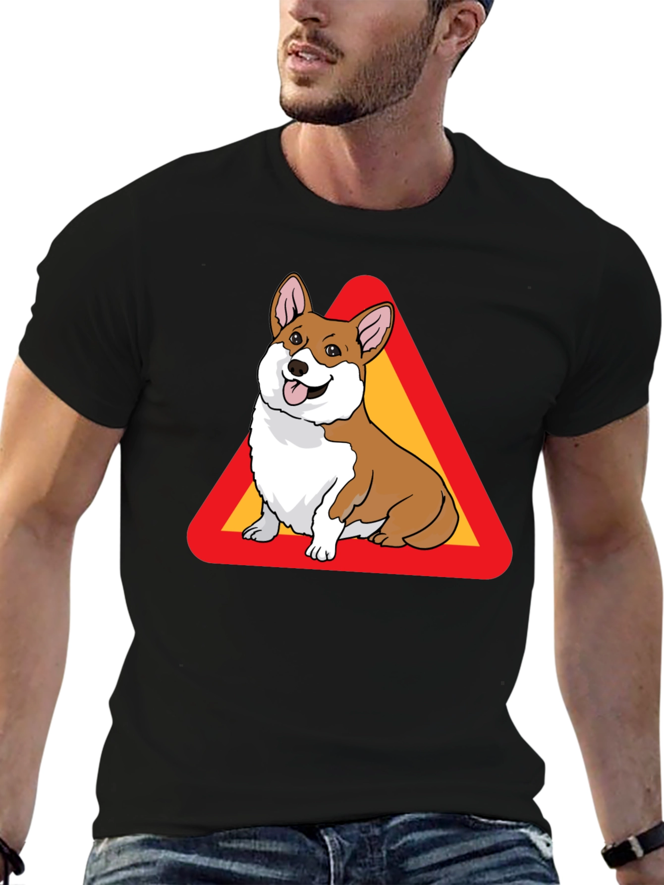 Corgi Warning Sign Black T-Shirt
