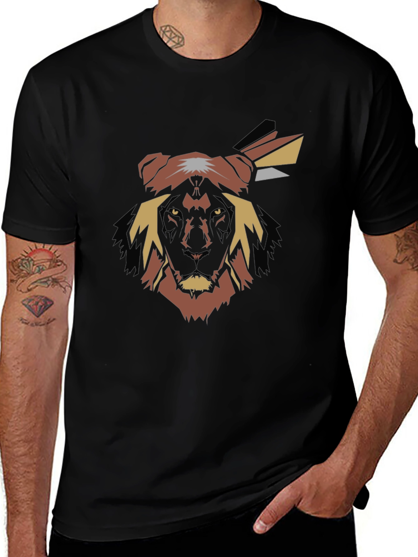 Abstract Lion Head Graphic Tee - Black