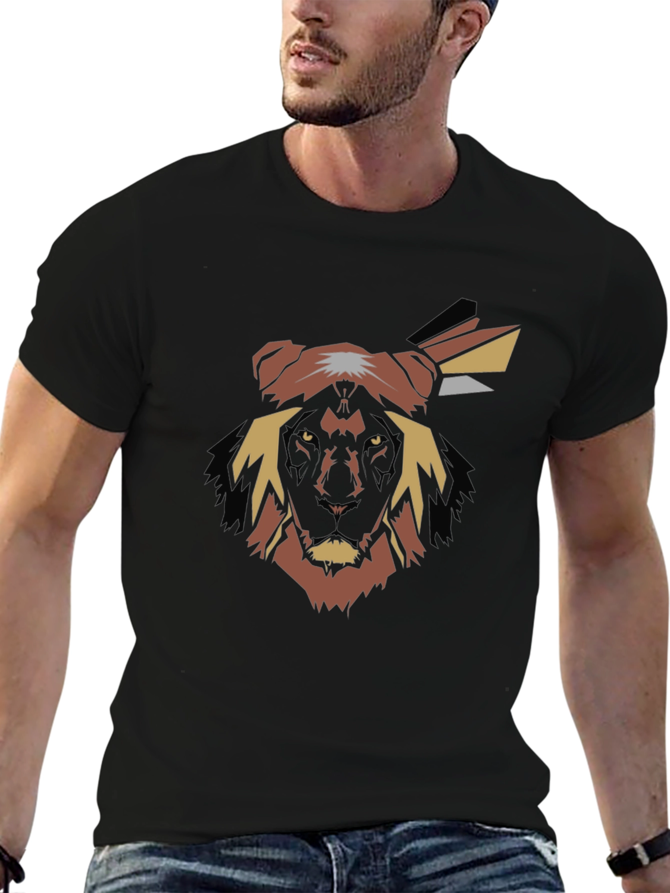 Abstract Lion Head Graphic Tee - Black