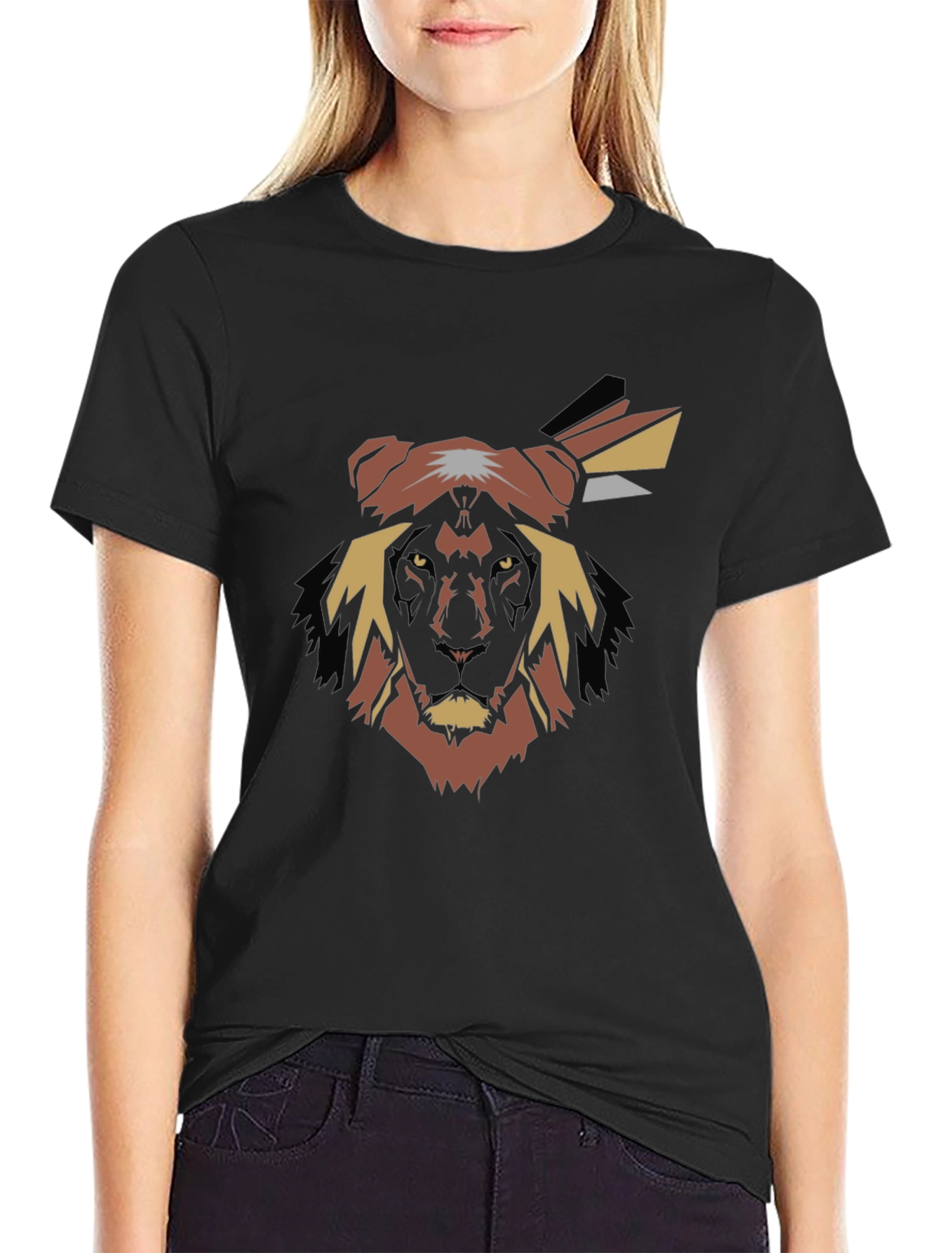 Abstract Lion Head Graphic Tee - Black