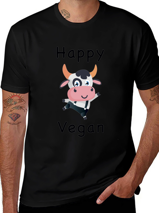 Happy Vegan Cartoon Cow Black T-Shirt