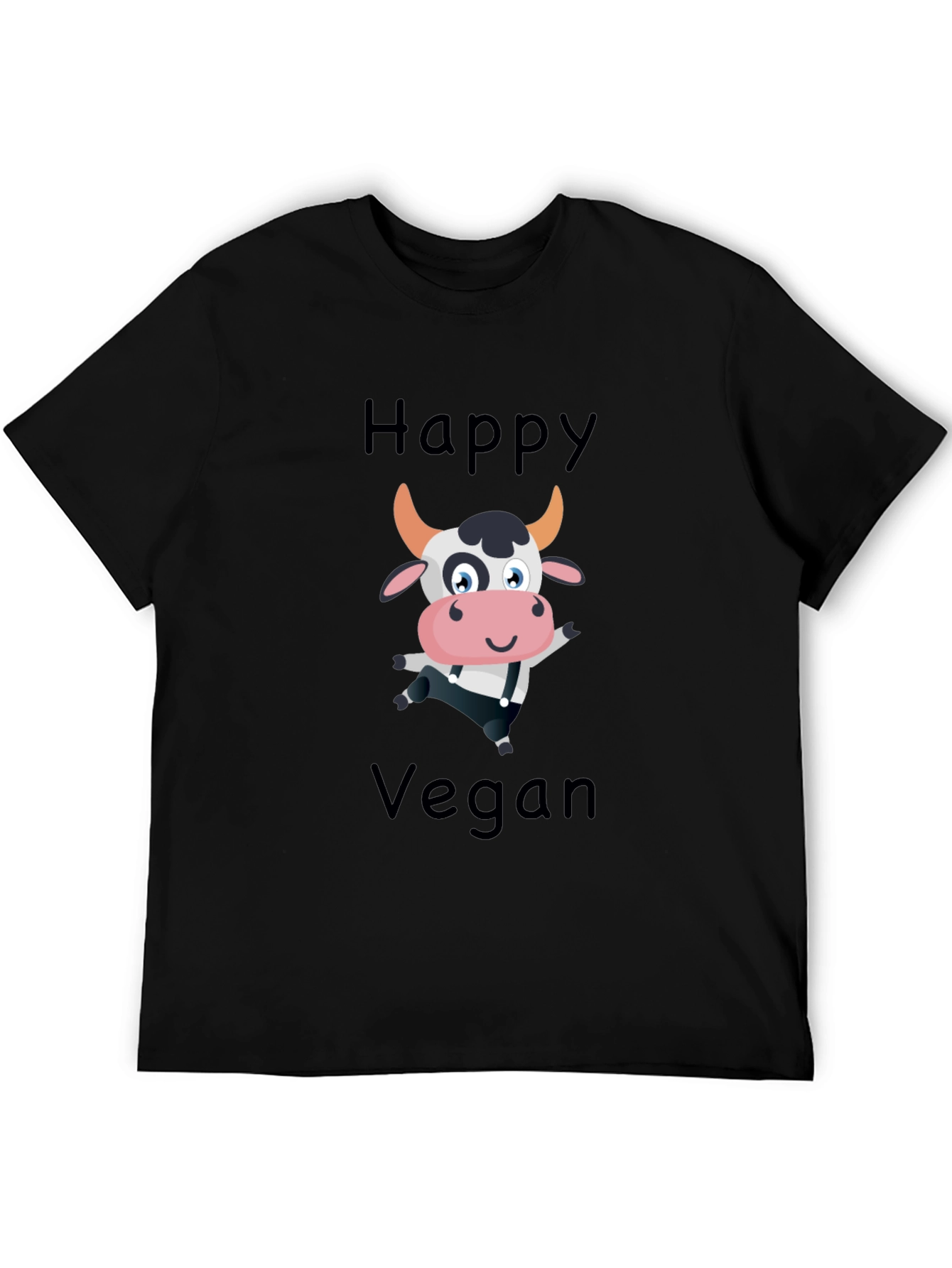 Happy Vegan Cartoon Cow Black T-Shirt