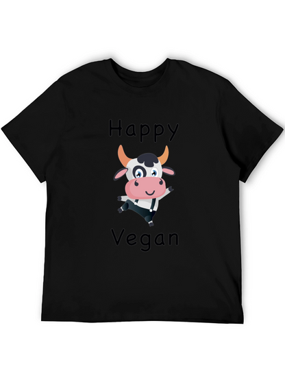 Happy Vegan Cartoon Cow Black T-Shirt