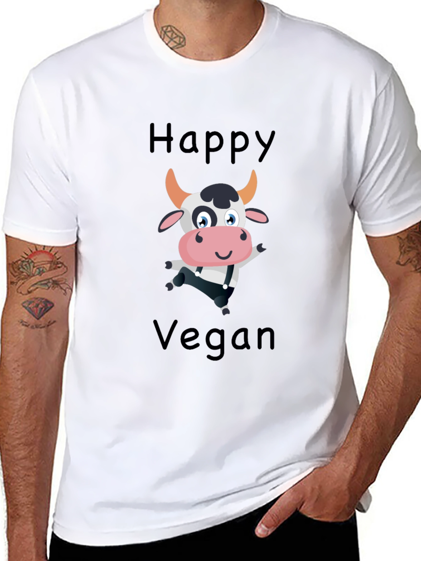 Happy Vegan Cartoon Cow Black T-Shirt