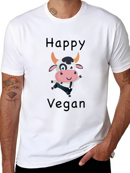 Happy Vegan Cartoon Cow Black T-Shirt