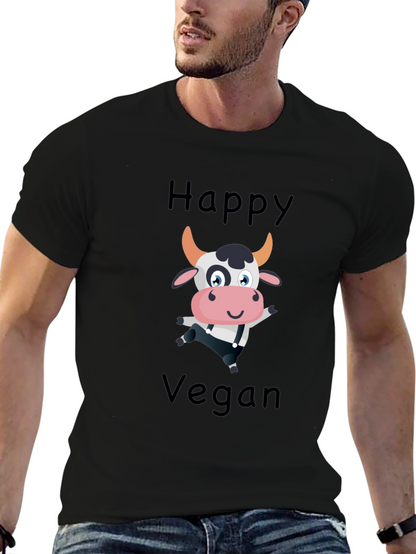 Happy Vegan Cartoon Cow Black T-Shirt