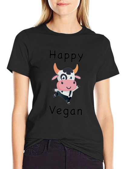 Happy Vegan Cartoon Cow Black T-Shirt