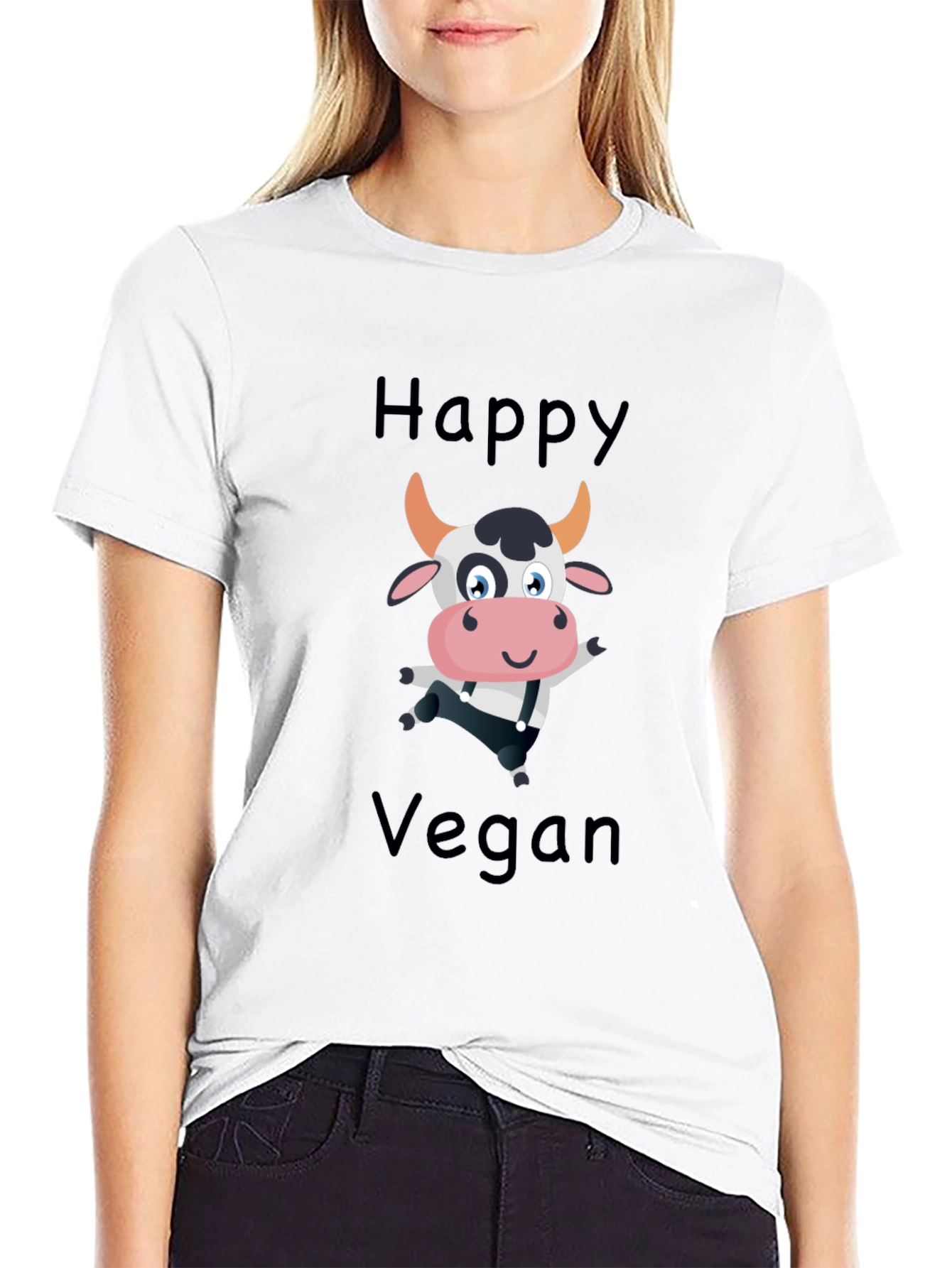 Happy Vegan Cartoon Cow Black T-Shirt