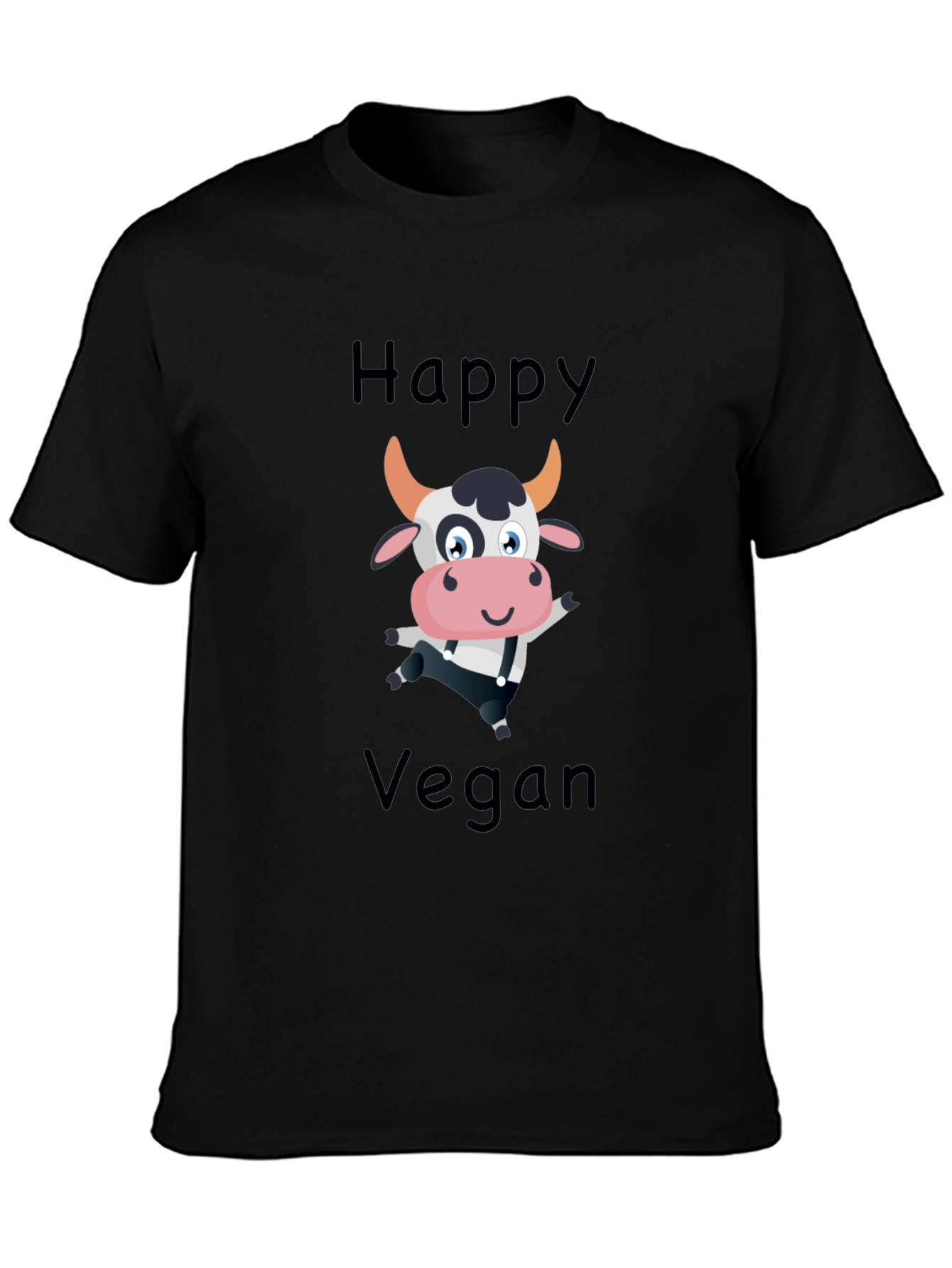 Happy Vegan Cartoon Cow Black T-Shirt