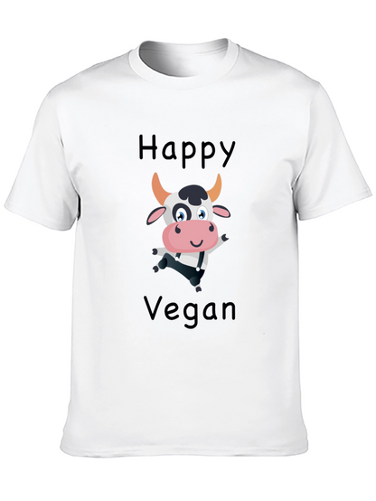 Happy Vegan Cartoon Cow Black T-Shirt
