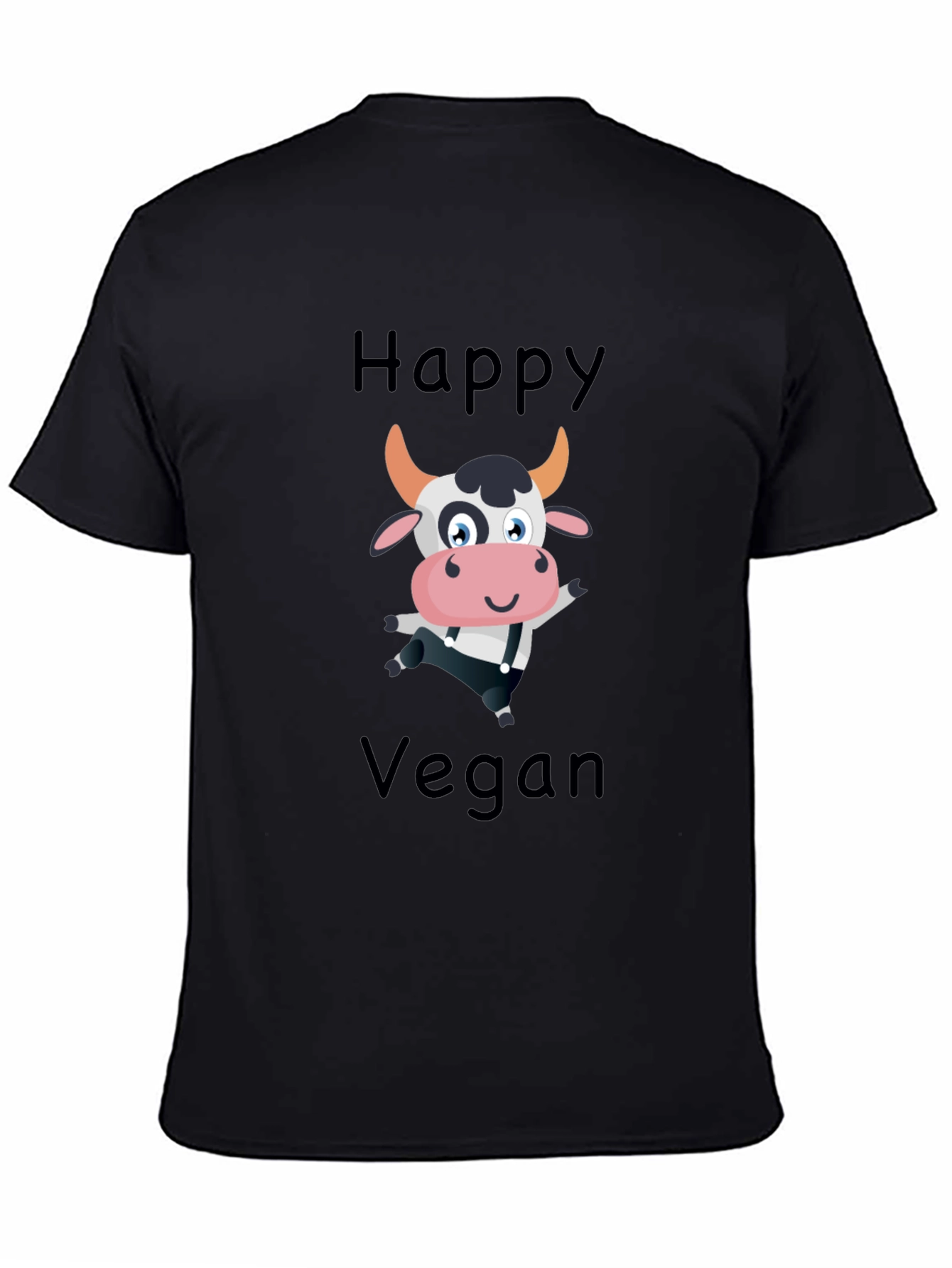Happy Vegan Cartoon Cow Black T-Shirt