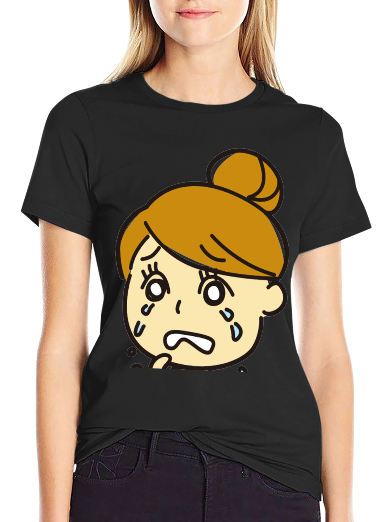 Sad Girl Graphic Black T-Shirt - Trendy Cartoon Design