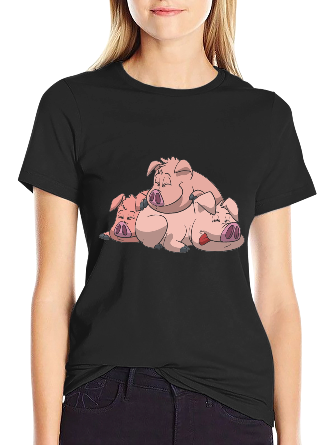 Cute Sleeping Pigs Black T-Shirt