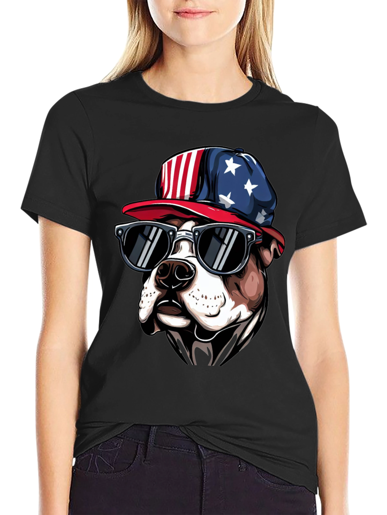 Patriotic Bulldog T-Shirt with Sunglasses