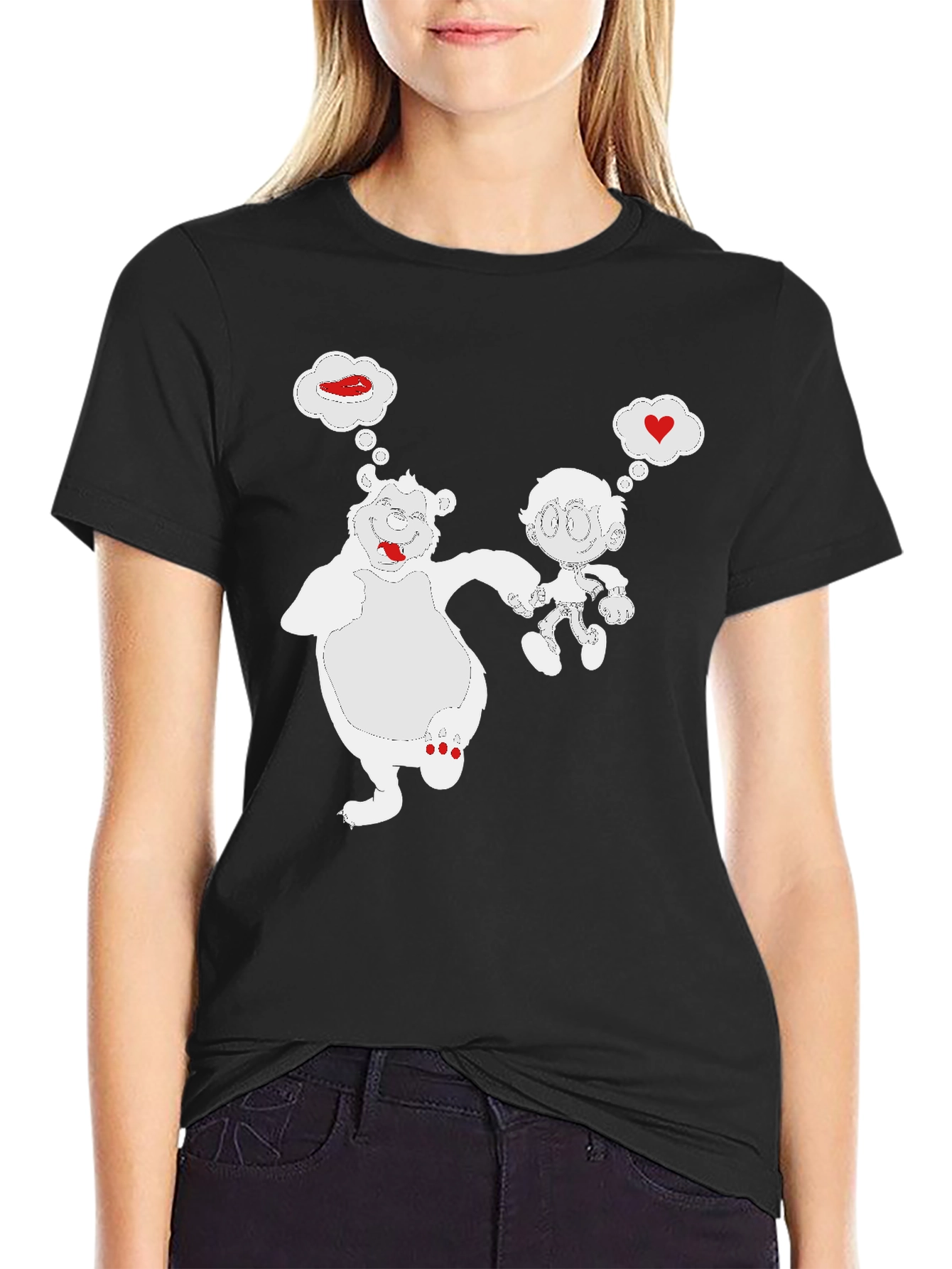 Cartoon Bear & Boy Black T-Shirt