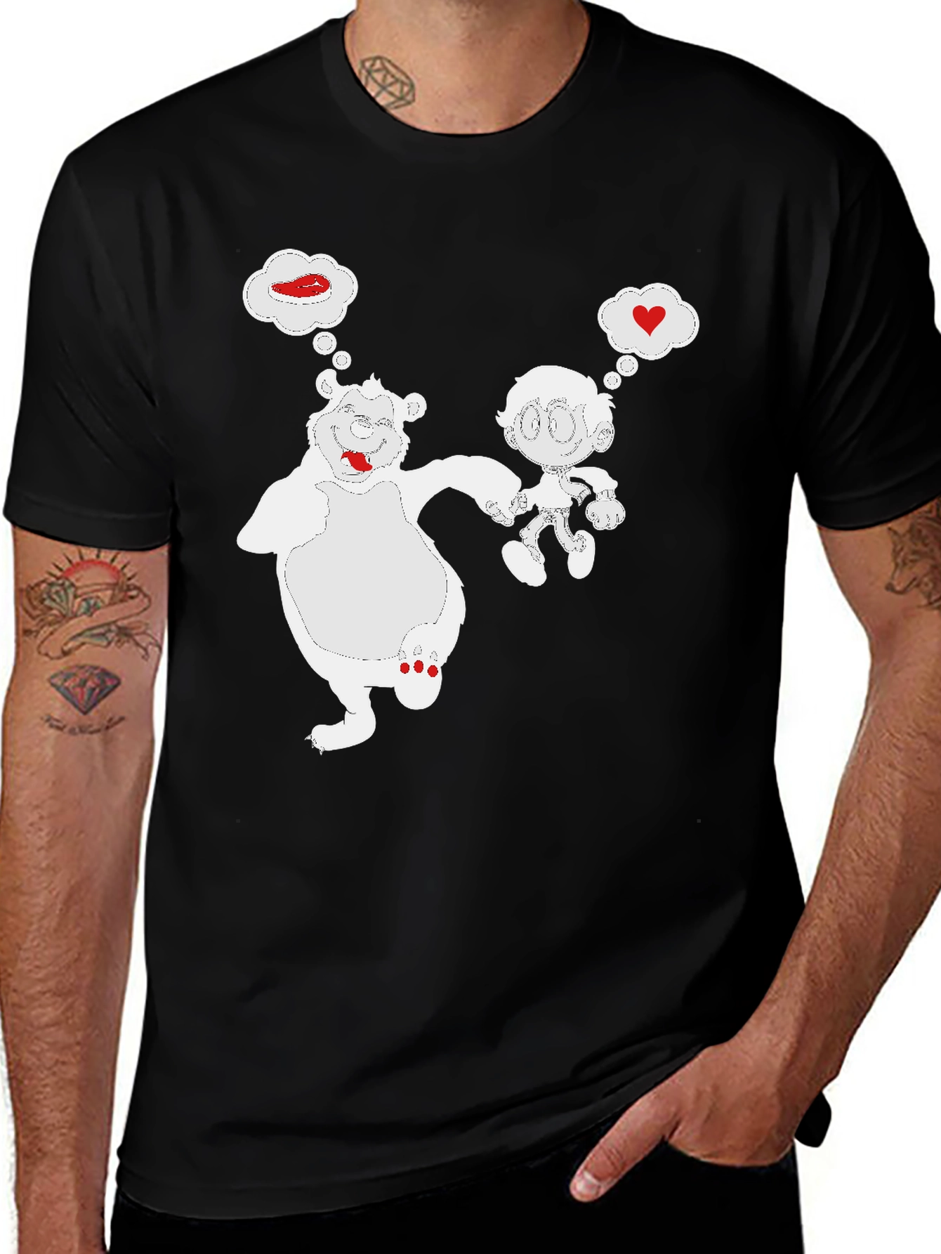 Cartoon Bear & Boy Black T-Shirt