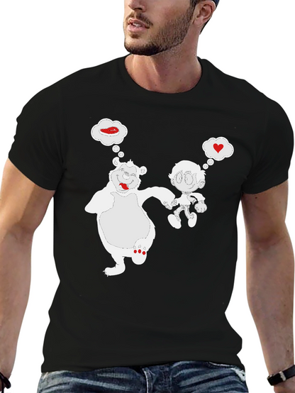 Cartoon Bear & Boy Black T-Shirt