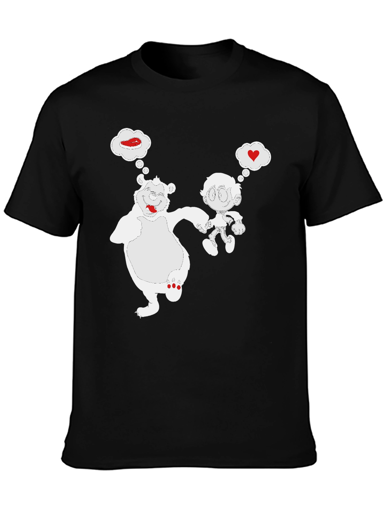 Cartoon Bear & Boy Black T-Shirt