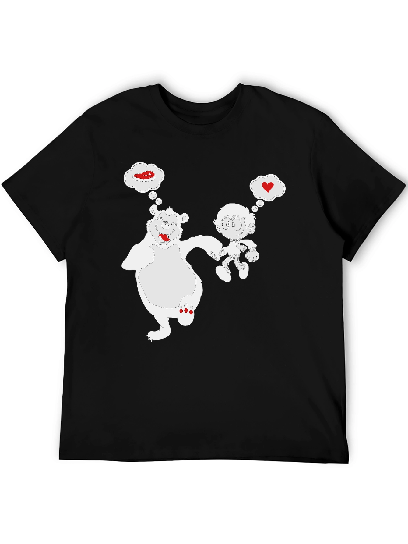 Cartoon Bear & Boy Black T-Shirt