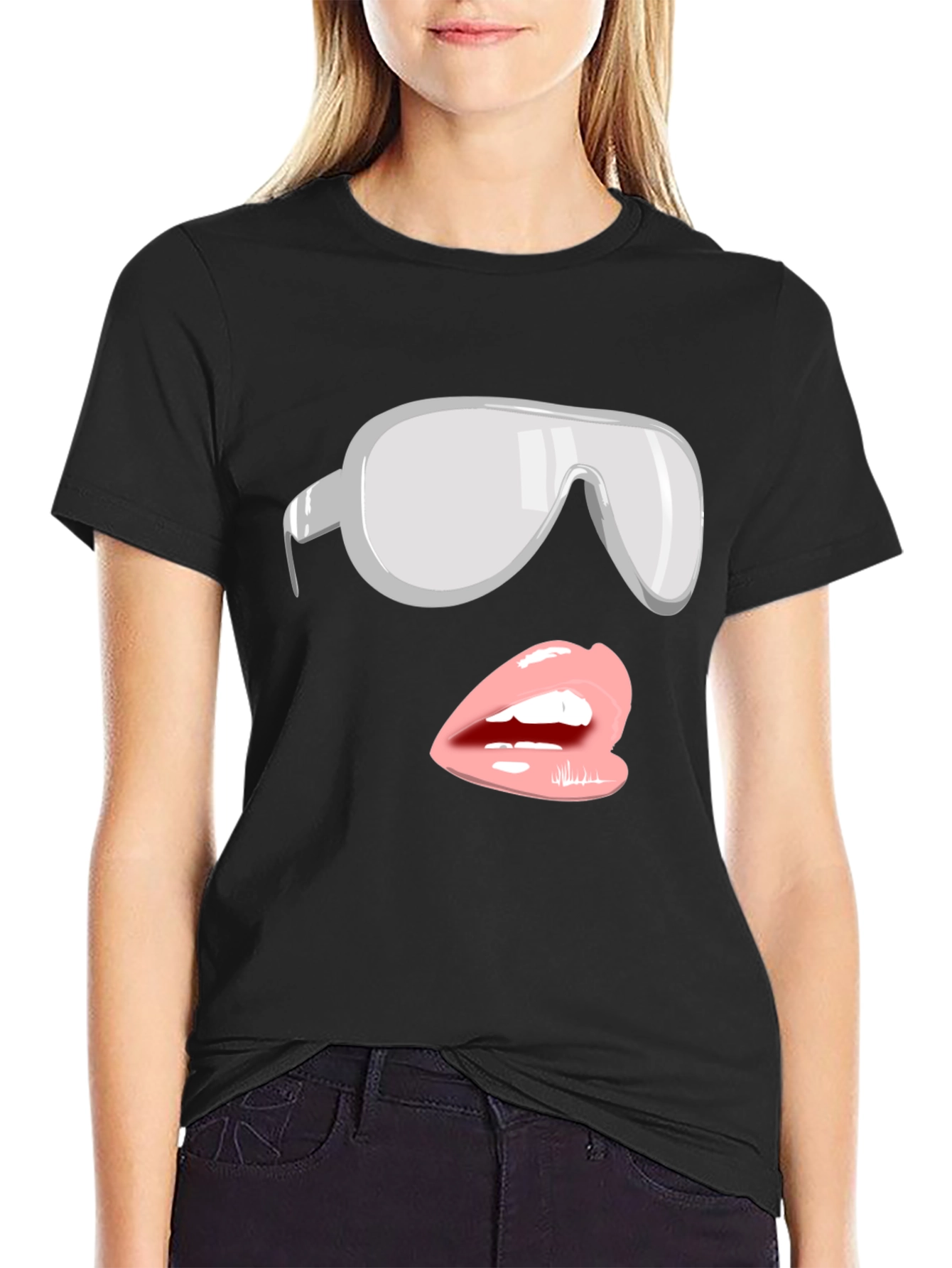 Sunglasses & Lips Graphic Tee - Stylish Black T-Shirt
